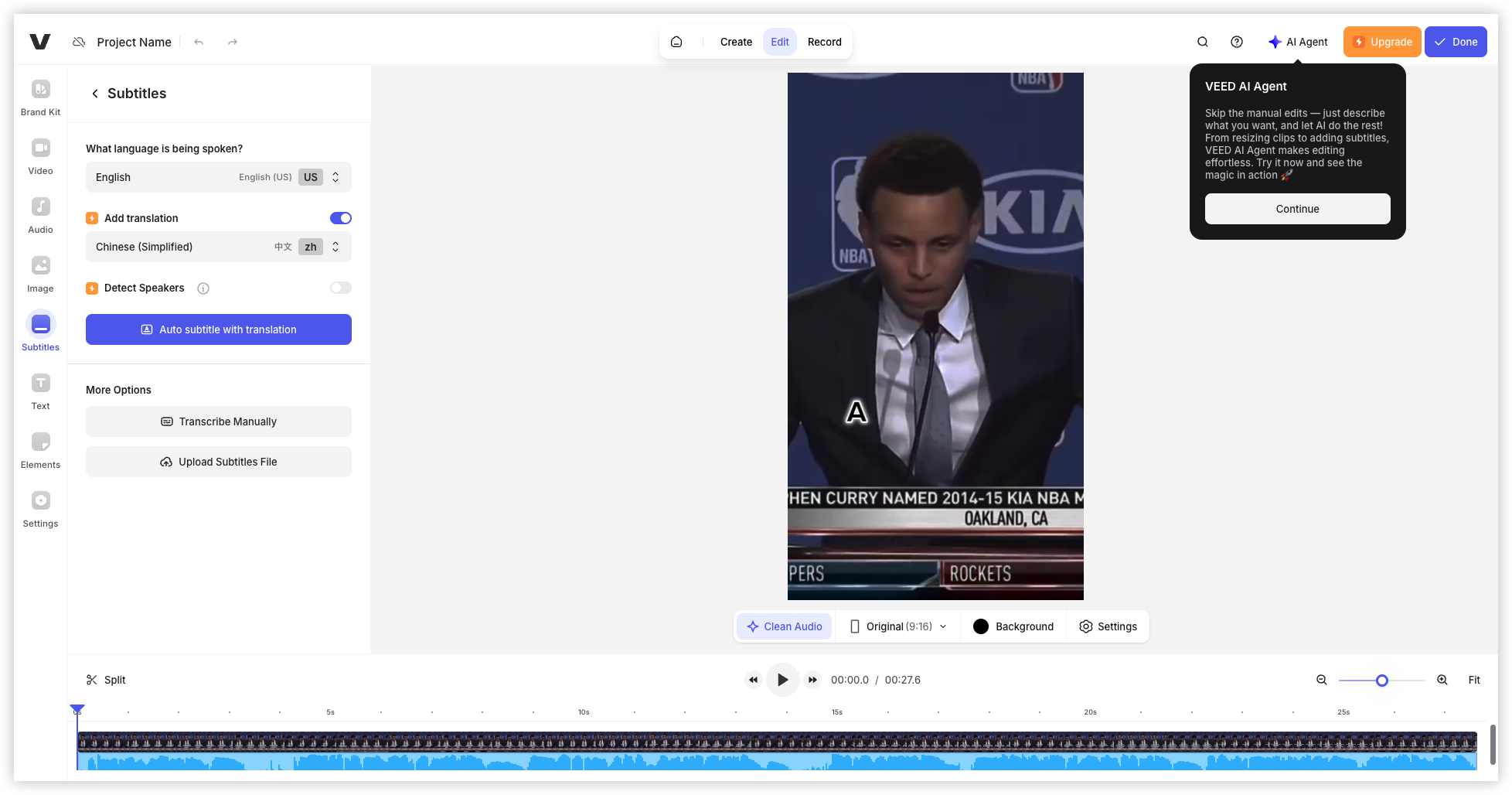 VEED.io Subtitle Translation Editor Interface
