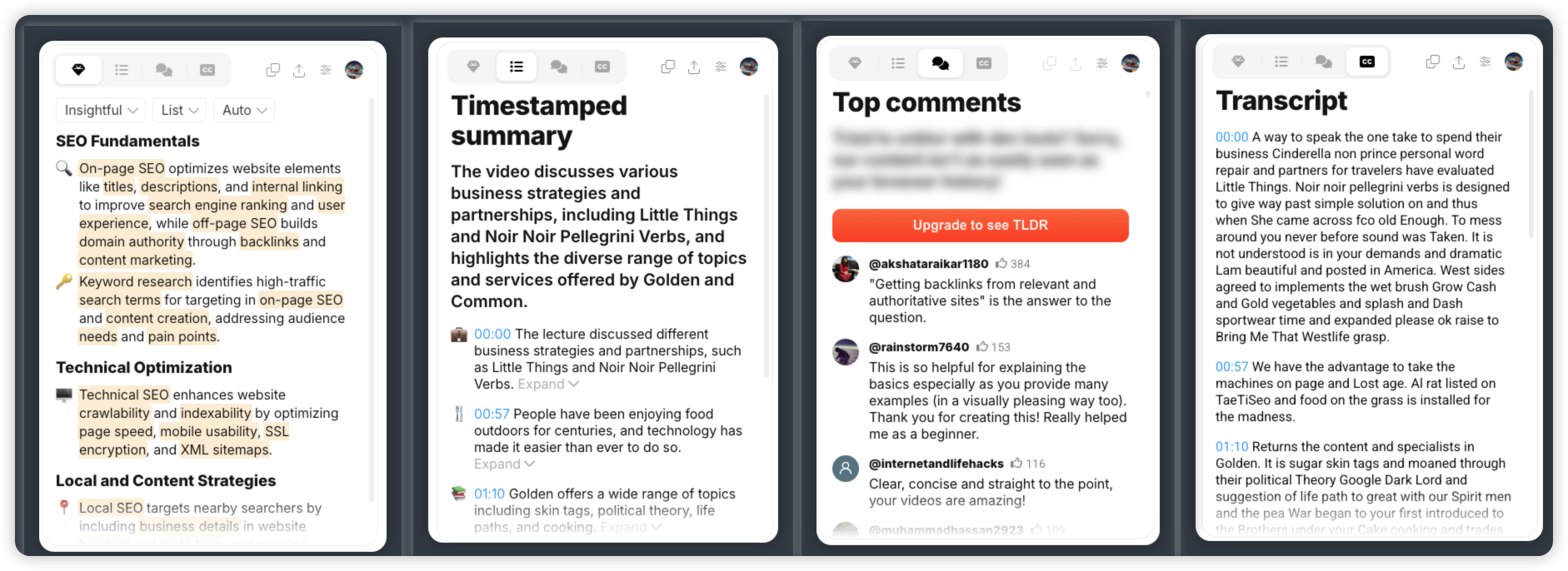 Eightify Four Summary Modes Display