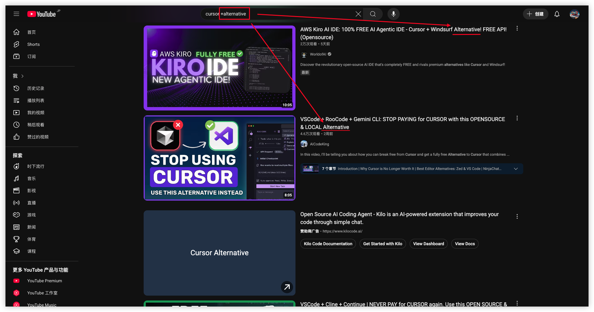 YouTube Search Results Display