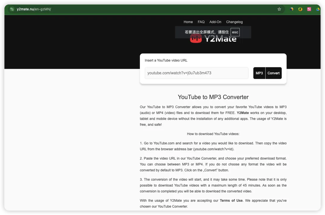 Y2Mate interface