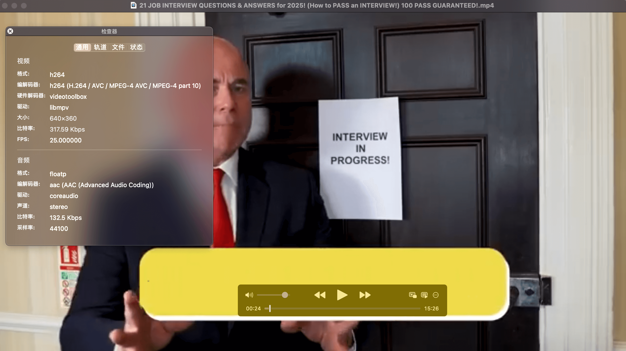 Downloaded MP4 video file properties showing 640x360 resolution and detailed file information
