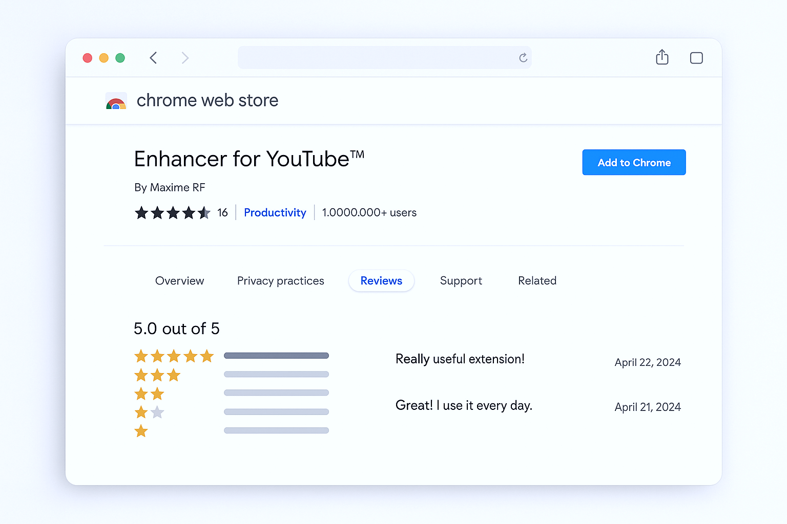 Chrome Web Store Enhancer for YouTube extension page showing Add to Chrome button