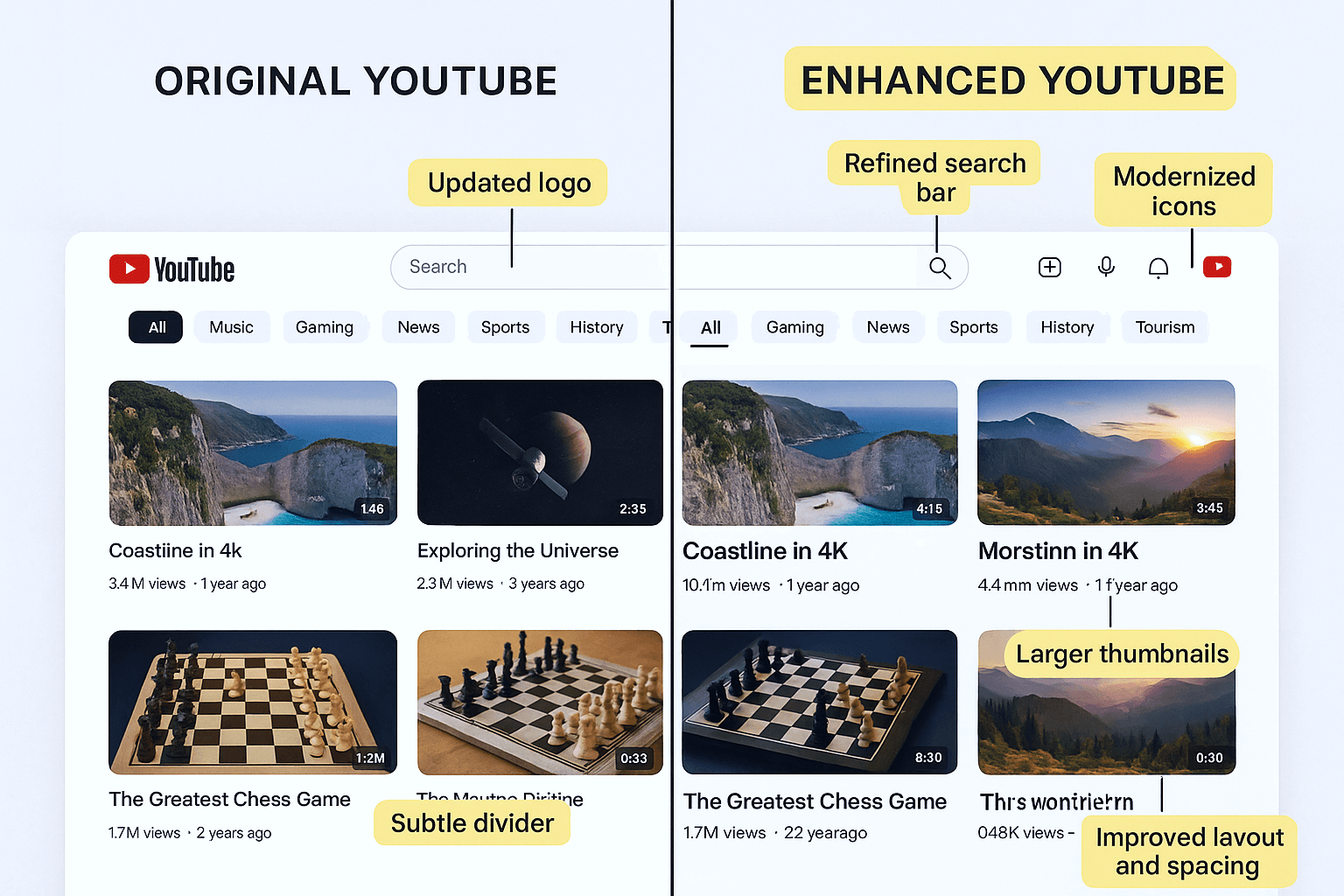 YouTube native interface vs Enhancer for YouTube enhanced interface comparison showing feature differences