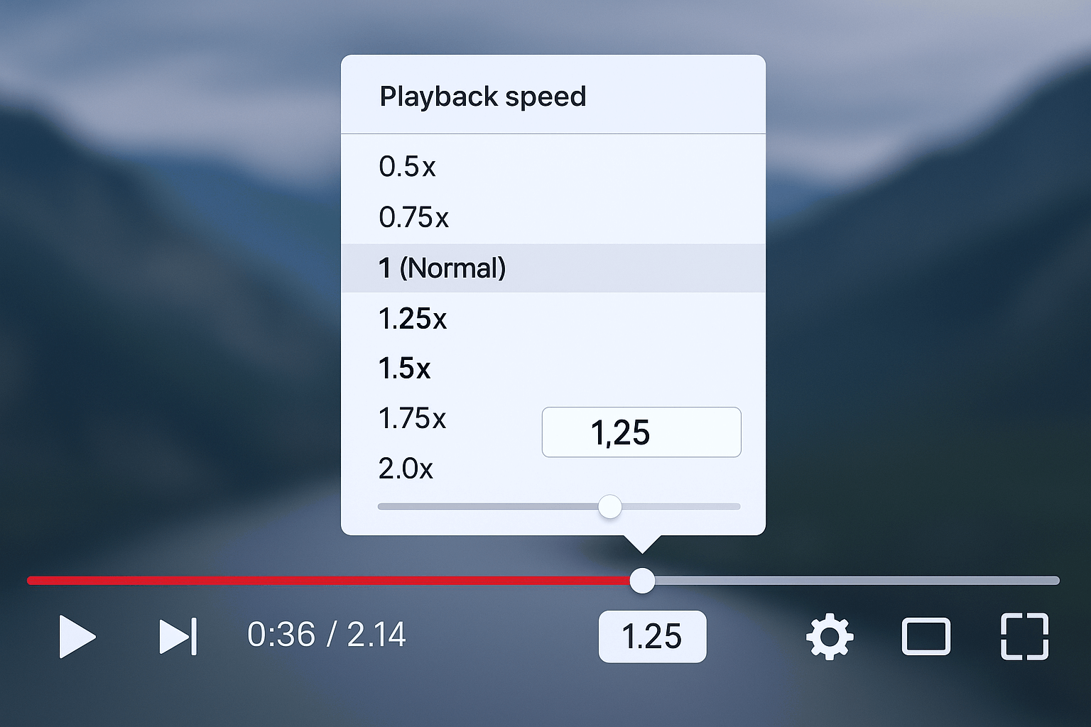 YouTube Oynatma Hızı Kontrolü Hassas hız ayarlama seçenekleri gösteren YouTube oynatma hızı kontrol arayüzü