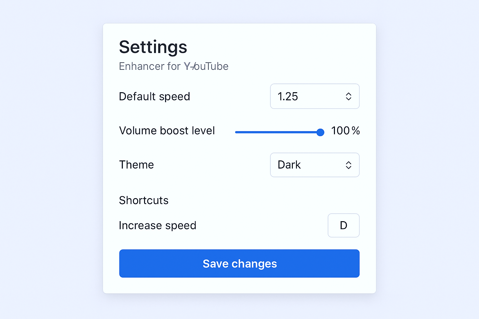 Comprehensive Enhancer for YouTube settings interface showing various customization options and feature toggles