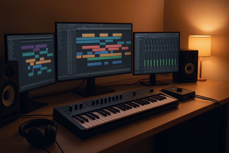 Professional audio producer workstation and equipment display