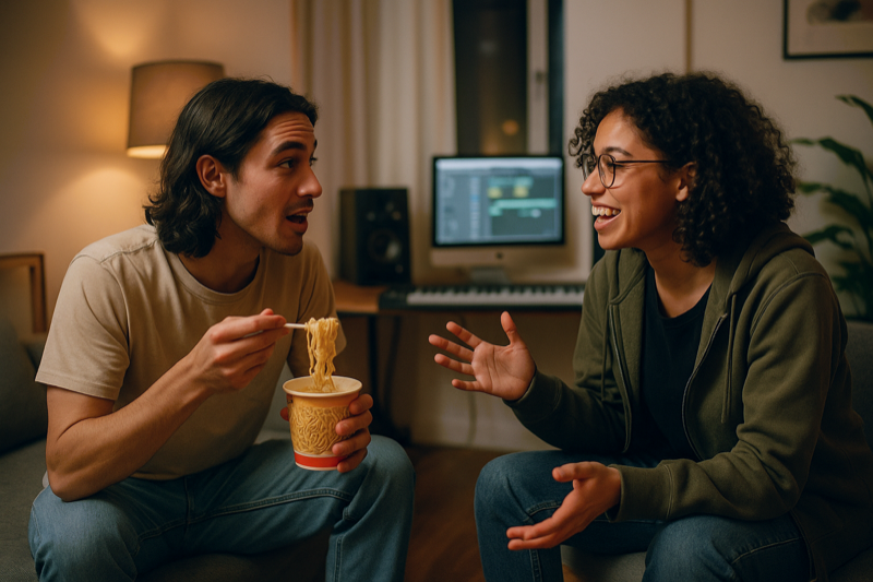 Two roommates having friendly conversation about audio production tips